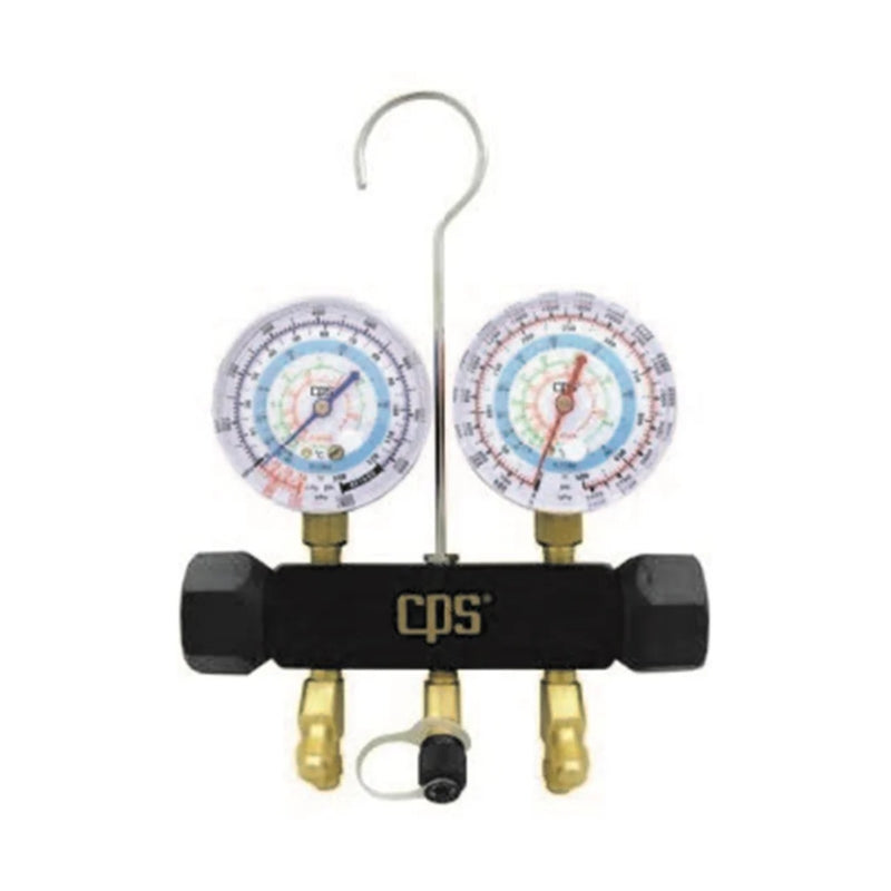 CPS 2-Valve Pro-Set Black Body Manifold and Gauge 1/4&quot; SAE R134A MBT