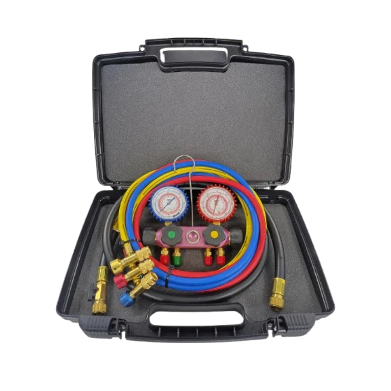CPS BlackMax® 4-Valve R410A/R32 Manifold Gauge Set with 5&#39; SafeMate Hoses and Vacuum Hose MV12BJ5NG