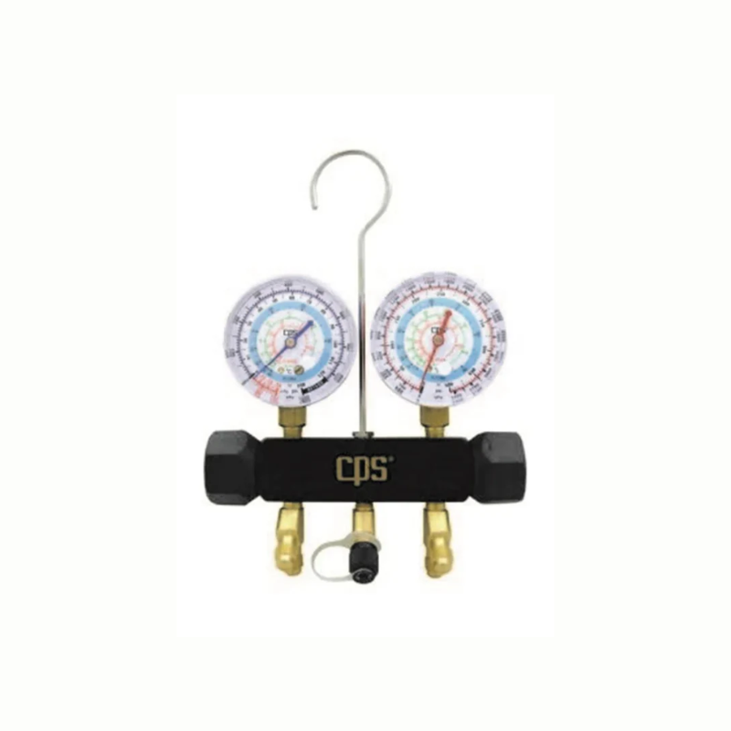 CPS 2-Valve Pro-Set Black Body Manifold and Gauge 1/4" SAE R134A MBT