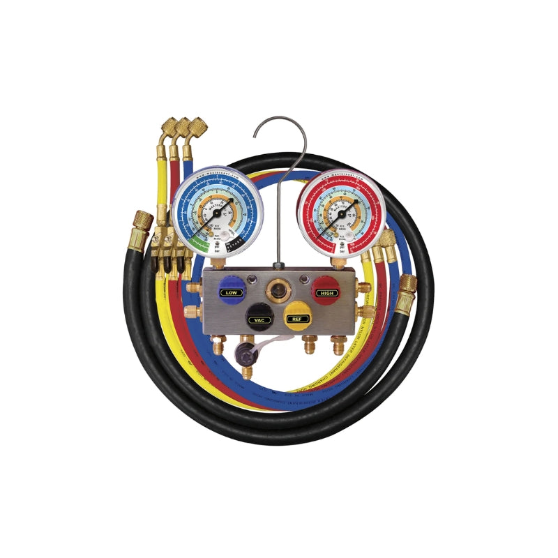 Mastercool 3/8&quot; Bore 4-Way Ball Valve R22 Manifold with 150cm Hose Set 96261-MRB1