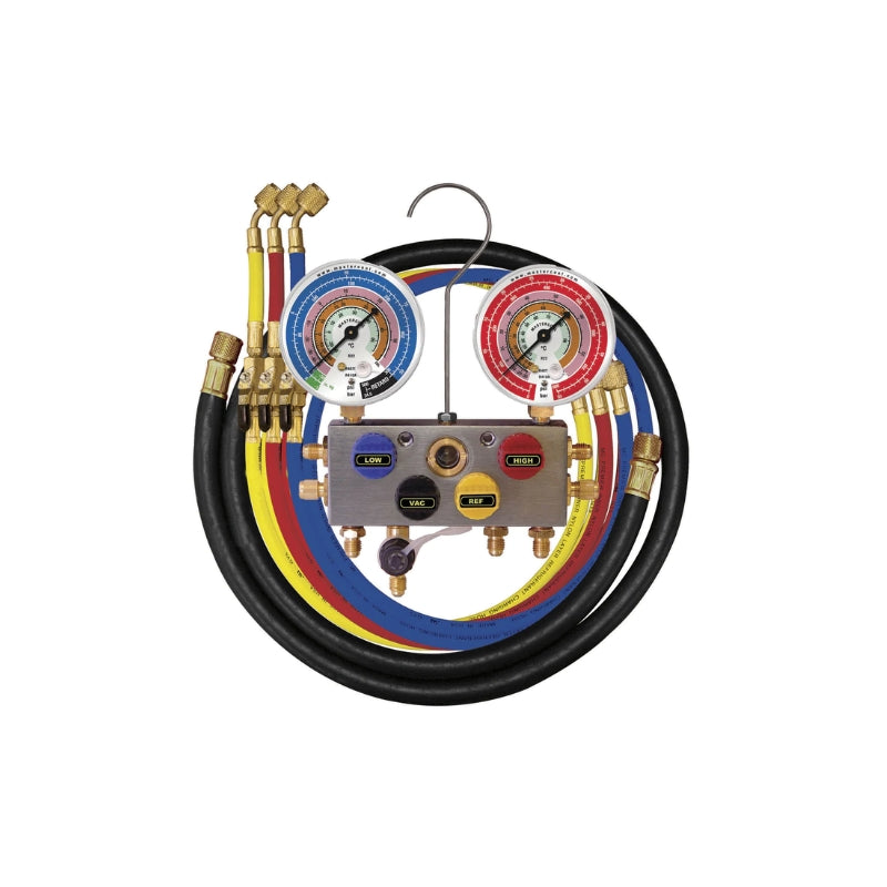 Mastercool 3/8&quot; 4-Way Ball Valve R410A Manifold Gauge Set with 150cm Hose Set 96261-EBA1-G-JT